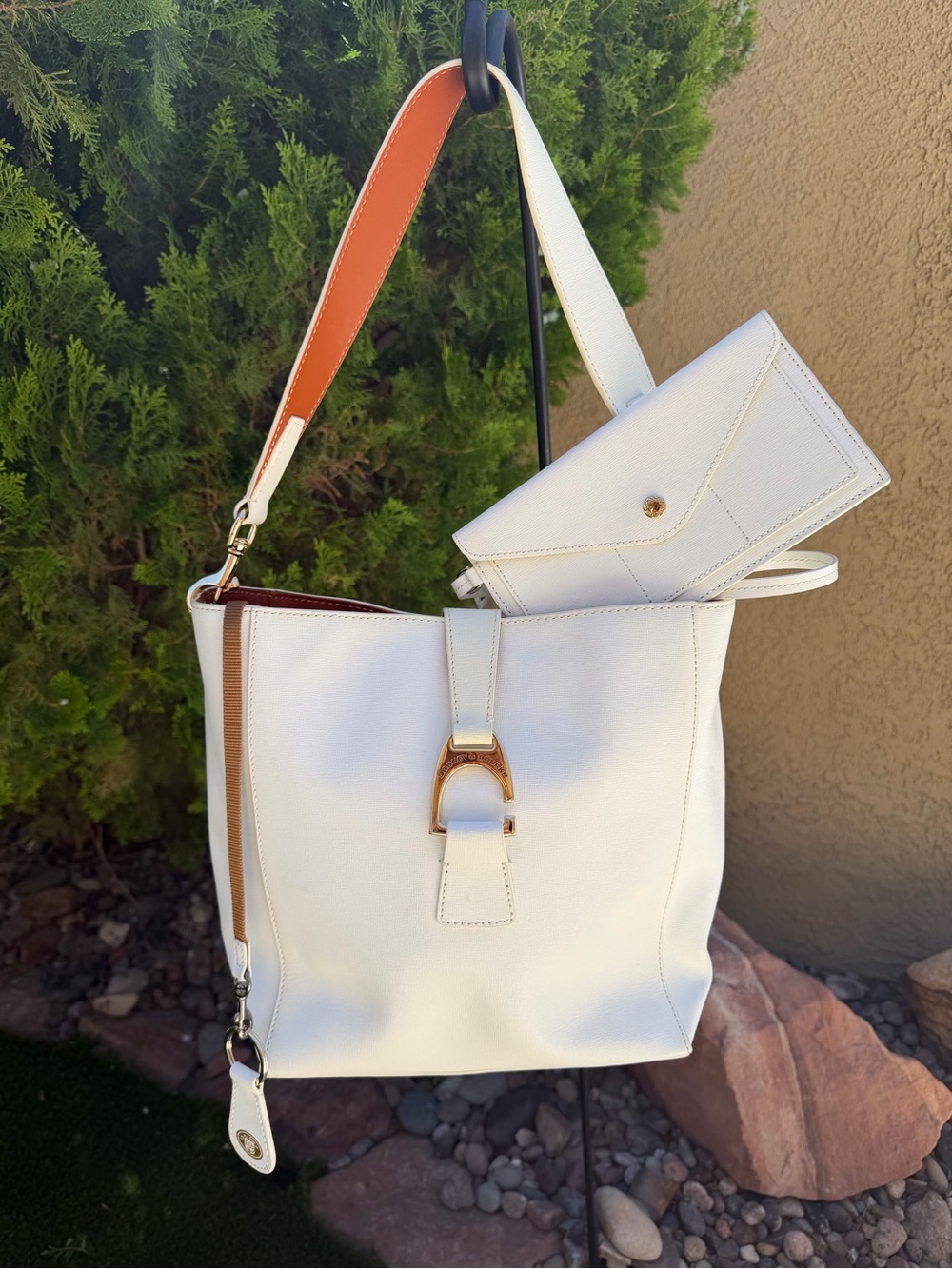 Dooney & Bourke White Shoulder Bag with Tan Accent and Matching Wallet